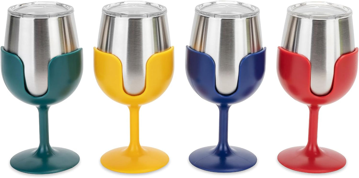 Four stainless steel wine glasses with colorful silicone stem covers in green, yellow, blue, and red, shown on a white background.
