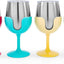 Four stainless steel wine glasses with colorful silicone stems in pink, teal, yellow, and green, arranged in a row against a white background.