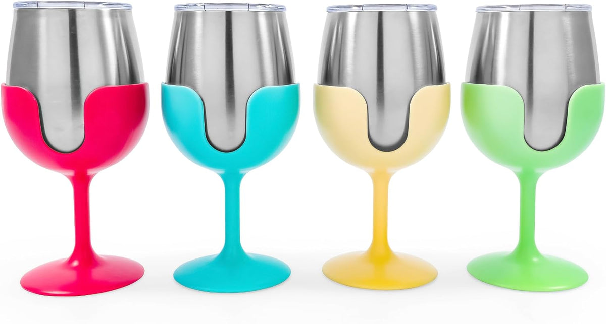 Four stainless steel wine glasses with colorful silicone stems in pink, teal, yellow, and green, arranged in a row against a white background.