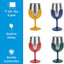 Four stemless wine glasses with stainless steel cups and colorful silicone holders in yellow, blue, red, and green, shown on a white background with a blue sidebar containing product info and marketing text.