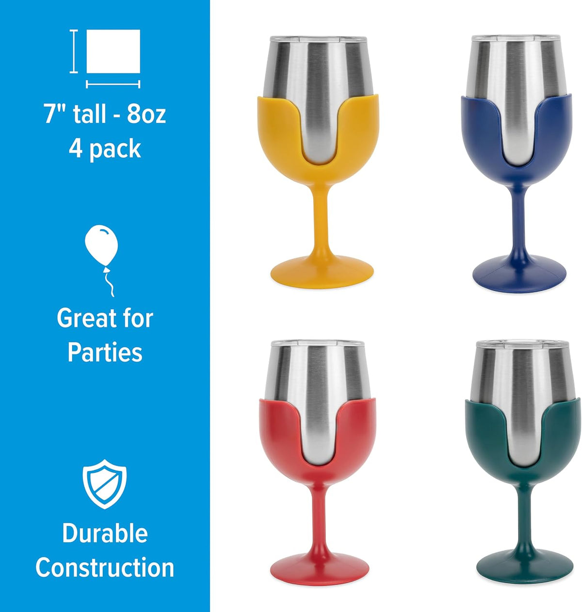Four stemless wine glasses with stainless steel cups and colorful silicone holders in yellow, blue, red, and green, shown on a white background with a blue sidebar containing product info and marketing text.