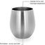 Stainless steel stemless wine tumbler with text callouts explaining vacuum insulation and flat bottom usage.