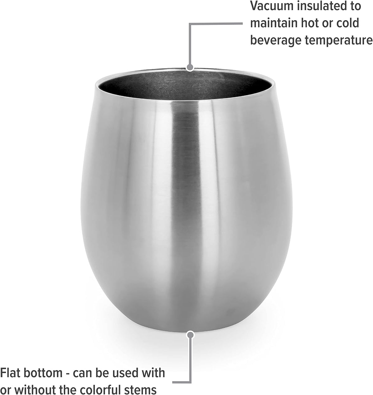 Stainless steel stemless wine tumbler with text callouts explaining vacuum insulation and flat bottom usage.