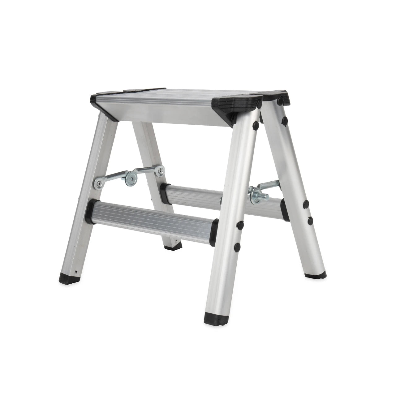A silver aluminum step ladder with black protective rubber bumpers and feet, shown on a plain white background.