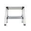 A silver aluminum step ladder with black rubberized protective caps on the joints and feet, shown folded open against a plain white background.