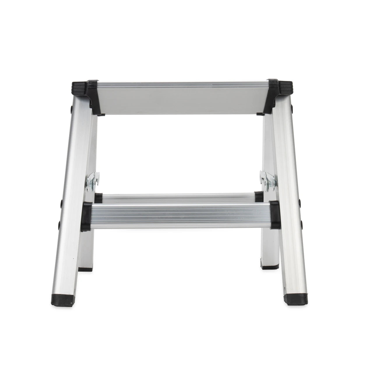 A silver aluminum step ladder with black rubberized protective caps on the joints and feet, shown folded open against a plain white background.