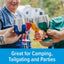 Colorful plastic wine glasses held by people with text 'Great for Camping, Tailgating and Parties' on a blue background.