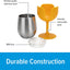 Promotional product graphic showing a stainless steel tumbler, a yellow flower-shaped stemless glass, and a clear lid with callout labels reading 'Kitchen grade stainless steel,' 'Colorful, removable stem,' and 'BPA-free,' plus a blue banner at the bottom reading 'Durable Construction.'.