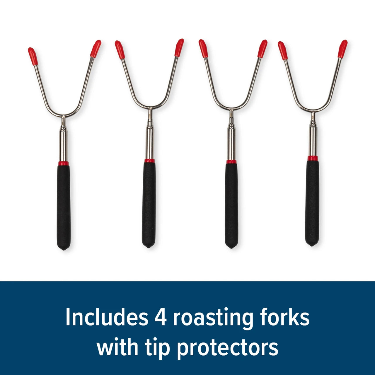 Four roasting forks with red tips and black handles on a white background, with text indicating they include four roasting forks with tip protectors.