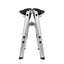 A silver aluminum folding stool with black rubberized feet and adjustment knobs, shown fully extended on a plain white background.