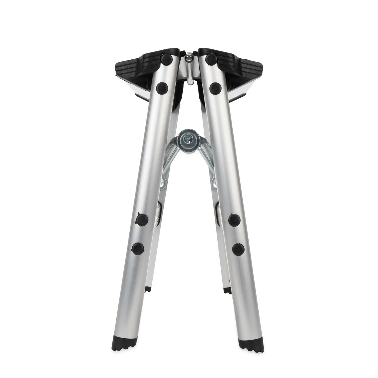 A silver aluminum folding stool with black rubberized feet and adjustment knobs, shown fully extended on a plain white background.