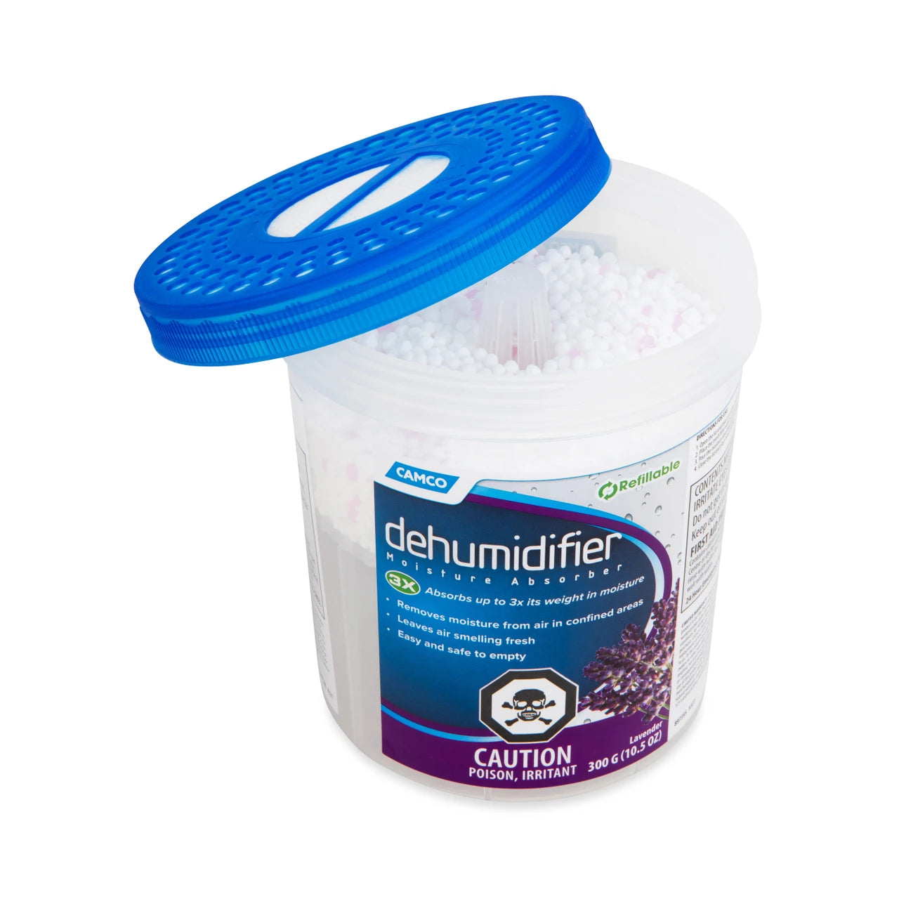 CAMCO Reliabale 3D0 dehumidifier system absorbent in a clear plastic tub with a blue lid, showing white absorbent packets inside.