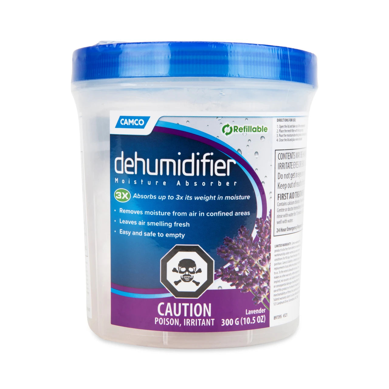 A 300g tub of Camco Dehumidifier Moisture Absorber in Lavender scent, featuring a white container, blue lid, and a purple and blue label.
