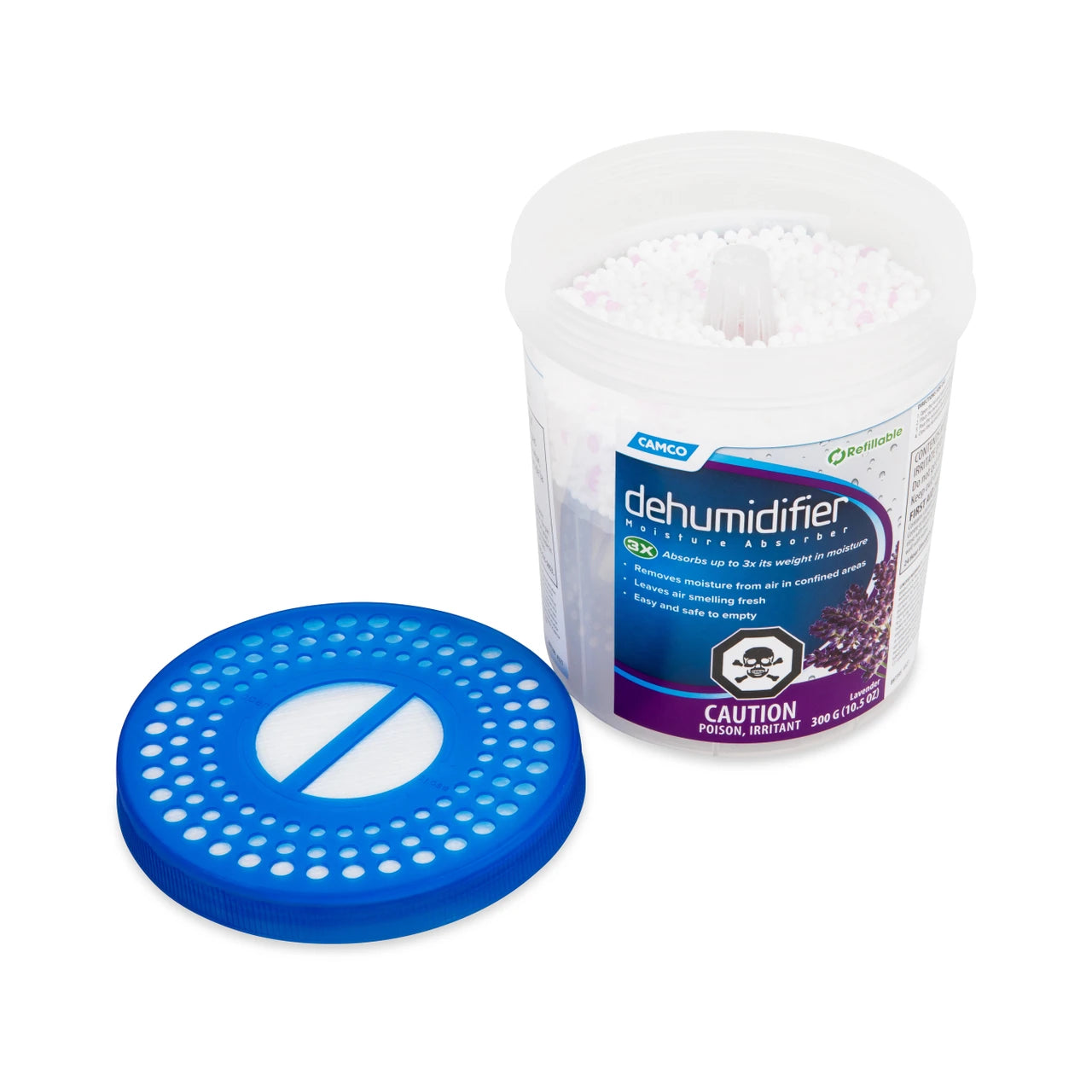 A white plastic dehumidifier canister filled with white desiccant crystals, shown next to a blue circular filter lid on a clean white background. The canister features a blue and purple label with the brand name 'Aribo' and product name 'dehumidifier crystal fresh'.
