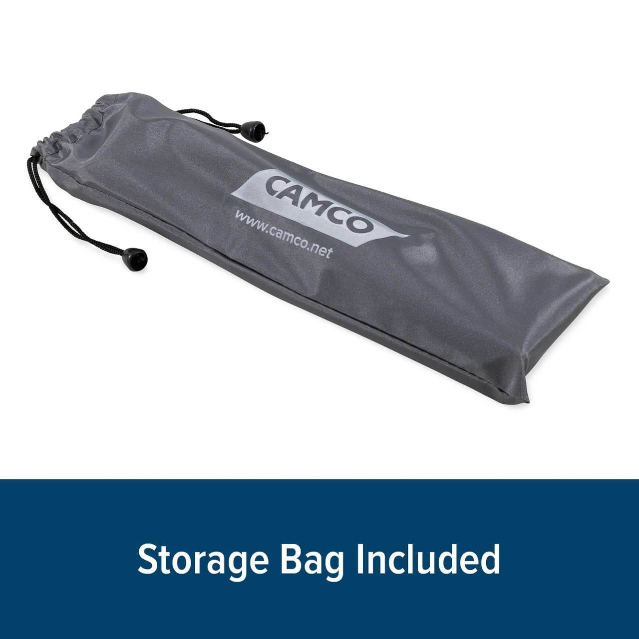 A gray drawstring storage bag with black cords and a white Camco logo printed on the front, shown on a white background with a dark blue banner at the bottom reading 'Storage Bag Included'.