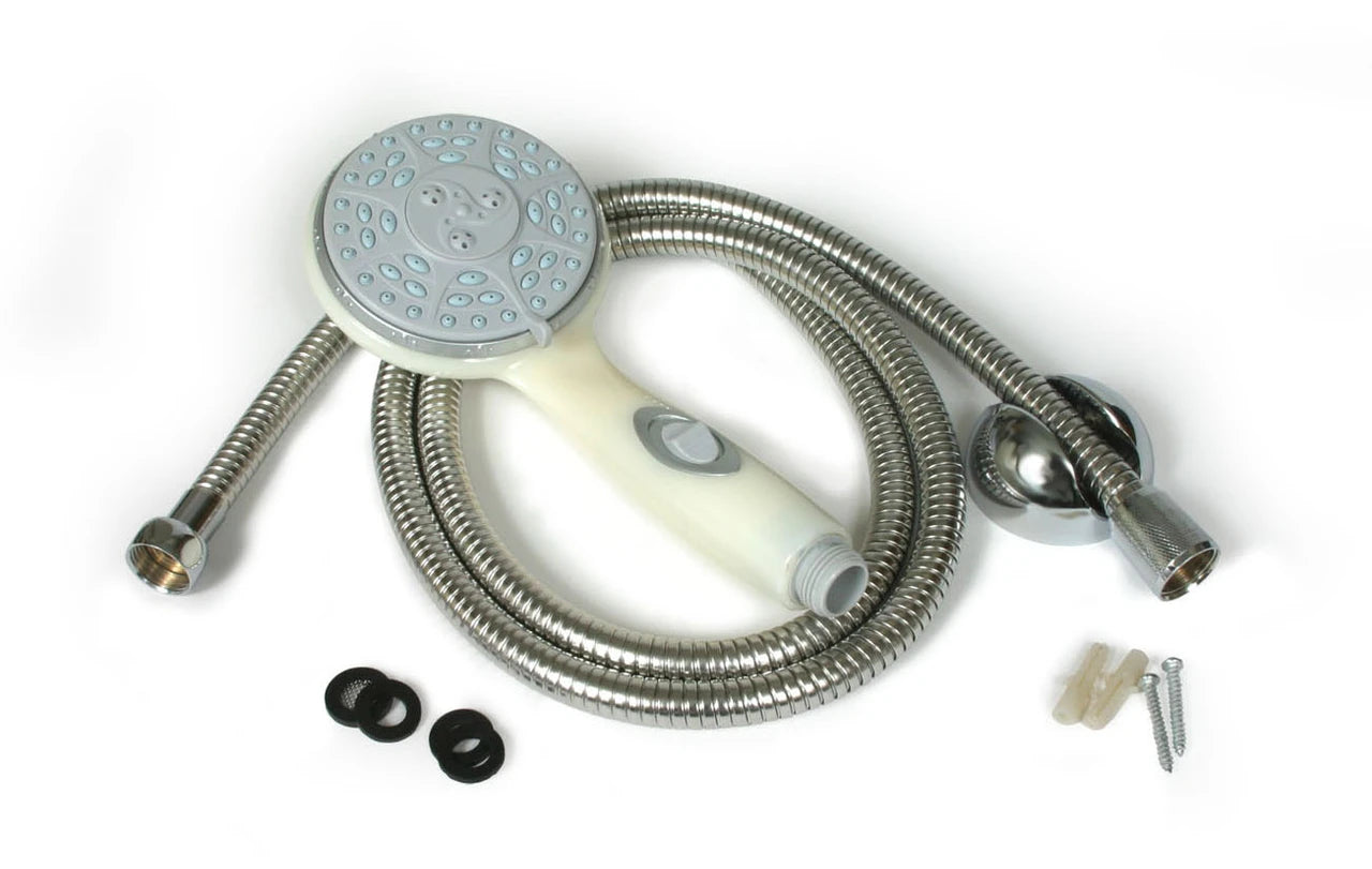 A handheld shower head kit with a round silver shower head, flexible stainless steel hose, wall mount, and mounting hardware, displayed on a clean white background.