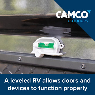 Camco bubble level installed on RV exterior