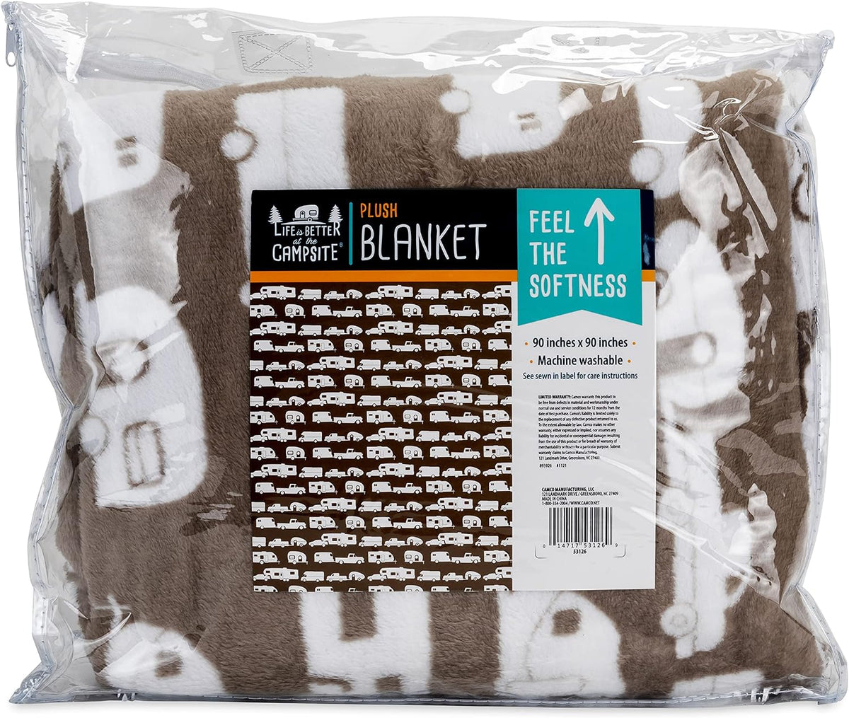 A packaged plush blanket in a clear plastic bag, showing a brown and white patterned design with a printed product label that reads 'Life is better at the Campsite' and 'Feel the Softness'.