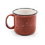 A classic camp mug in terracotta red with white speckles, featuring a black rim and a white interior, shown on a clean white background.