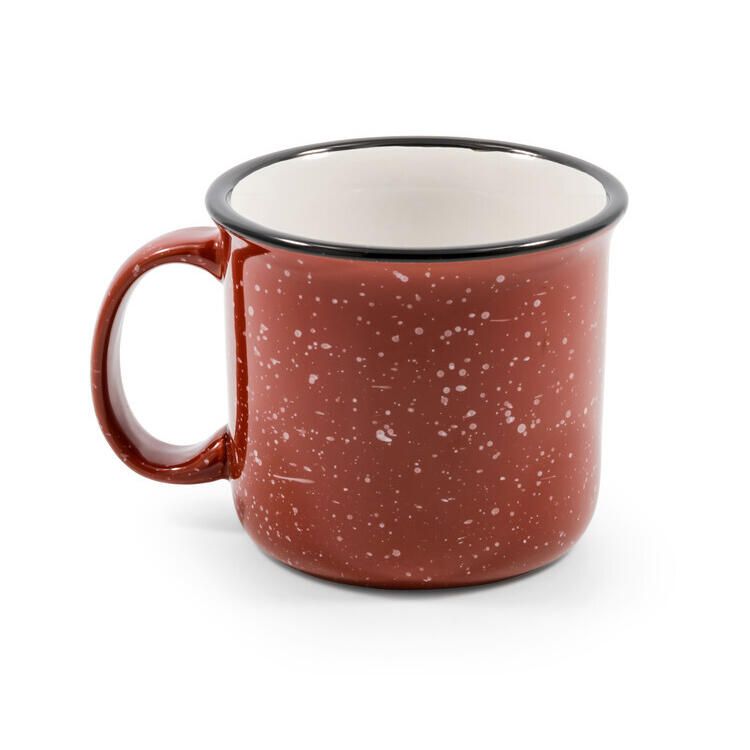 A classic camp mug in terracotta red with white speckles, featuring a black rim and a white interior, shown on a clean white background.