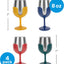 Four stainless steel wine glasses with colorful silicone sleeves in yellow, blue, red, and green, arranged in a 2x2 grid on a white background with size and pack indicators.