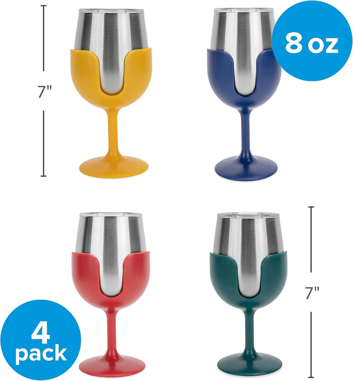 Four stainless steel wine glasses with colorful silicone sleeves in yellow, blue, red, and green, arranged in a 2x2 grid on a white background with size and pack indicators.