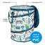 A cylindrical camping storage bin with a white background and a colorful outdoor-themed print including campfires, tents, chairs, and trees. The bin has dark teal trim, padded handles, a fully-zipped lid, and a blue circular badge that reads 'made of durable PVC'.