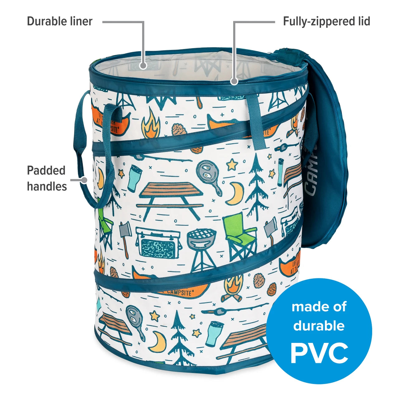 A cylindrical camping storage bin with a white background and a colorful outdoor-themed print including campfires, tents, chairs, and trees. The bin has dark teal trim, padded handles, a fully-zipped lid, and a blue circular badge that reads 'made of durable PVC'.