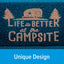 Doormat with 'Life is Better at the Campsite' text and camper design on a blue background