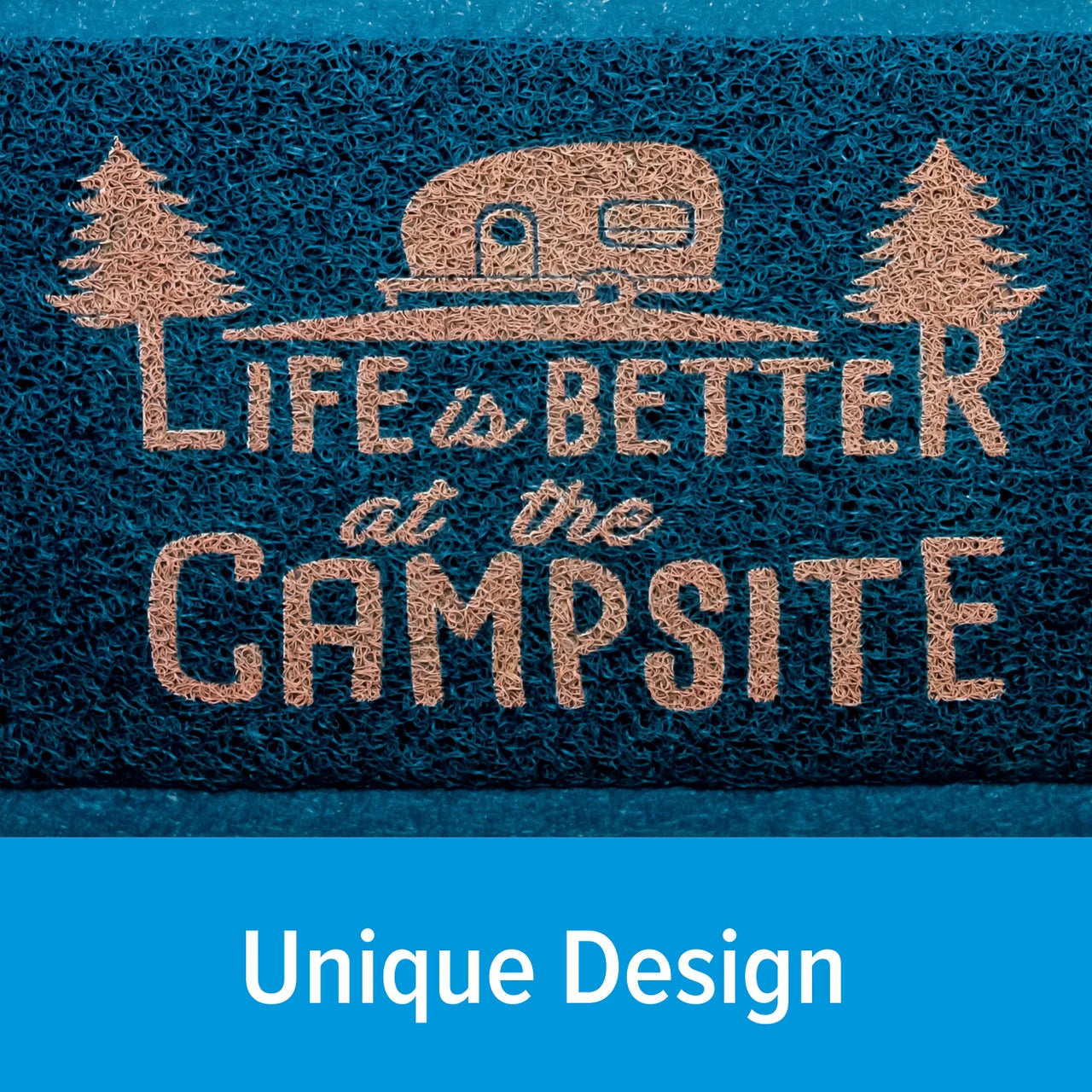 Doormat with 'Life is Better at the Campsite' text and camper design on a blue background