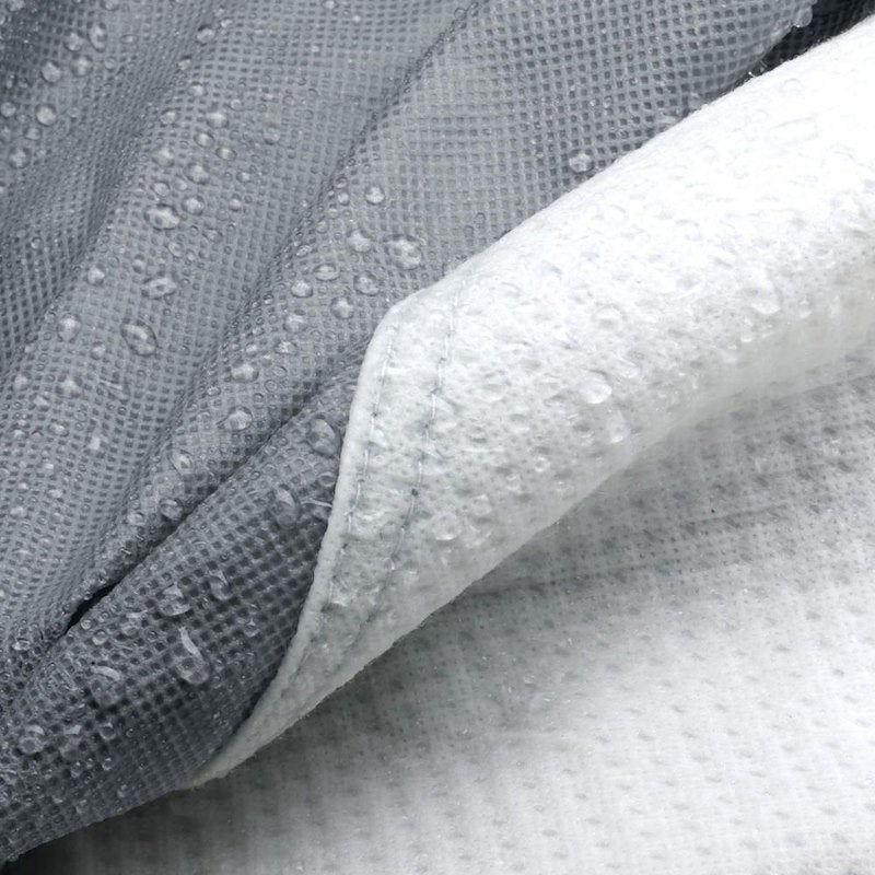 Close-up of textured gray fabric with water droplets on a white background