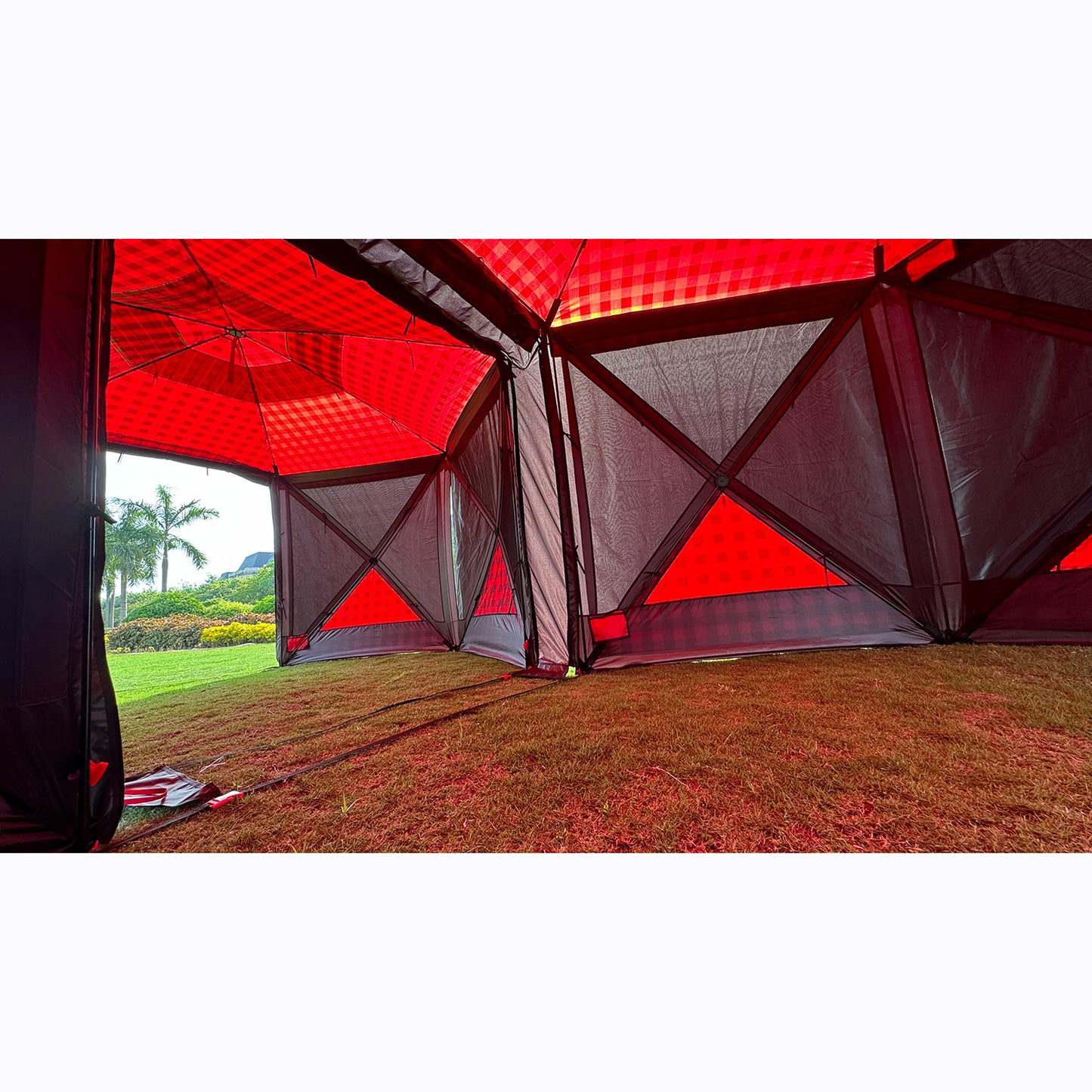 Seam‑sealed Kuma gusset creating weatherproof connection between gazebos
