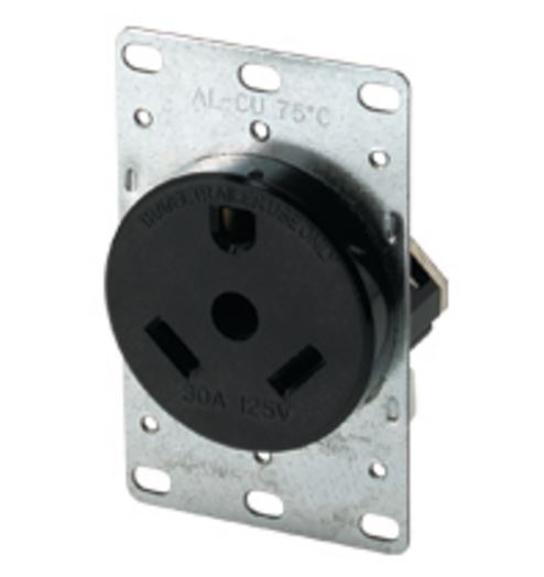 Front view of Cooper 1263‑BOX 30 amp 125 volt flush‑mount receptacle
