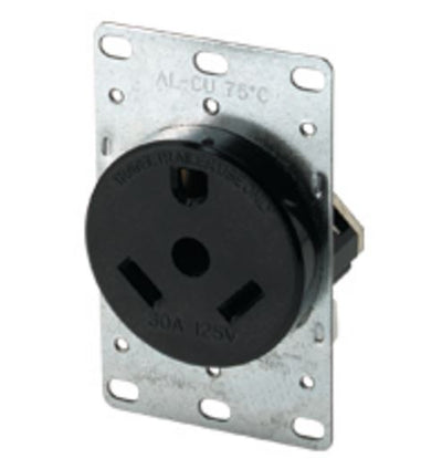 Front view of Cooper 1263‑BOX 30 amp 125 volt flush‑mount receptacle
