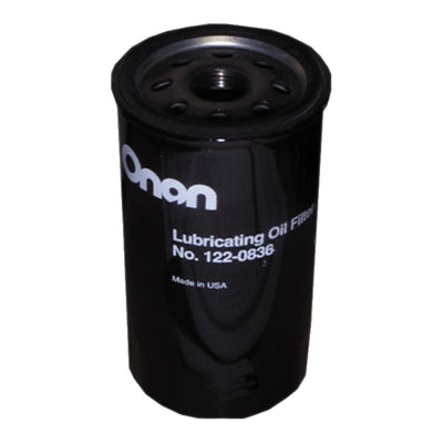 A black Cummins generator oil filter with white text indicating the model number and other details.