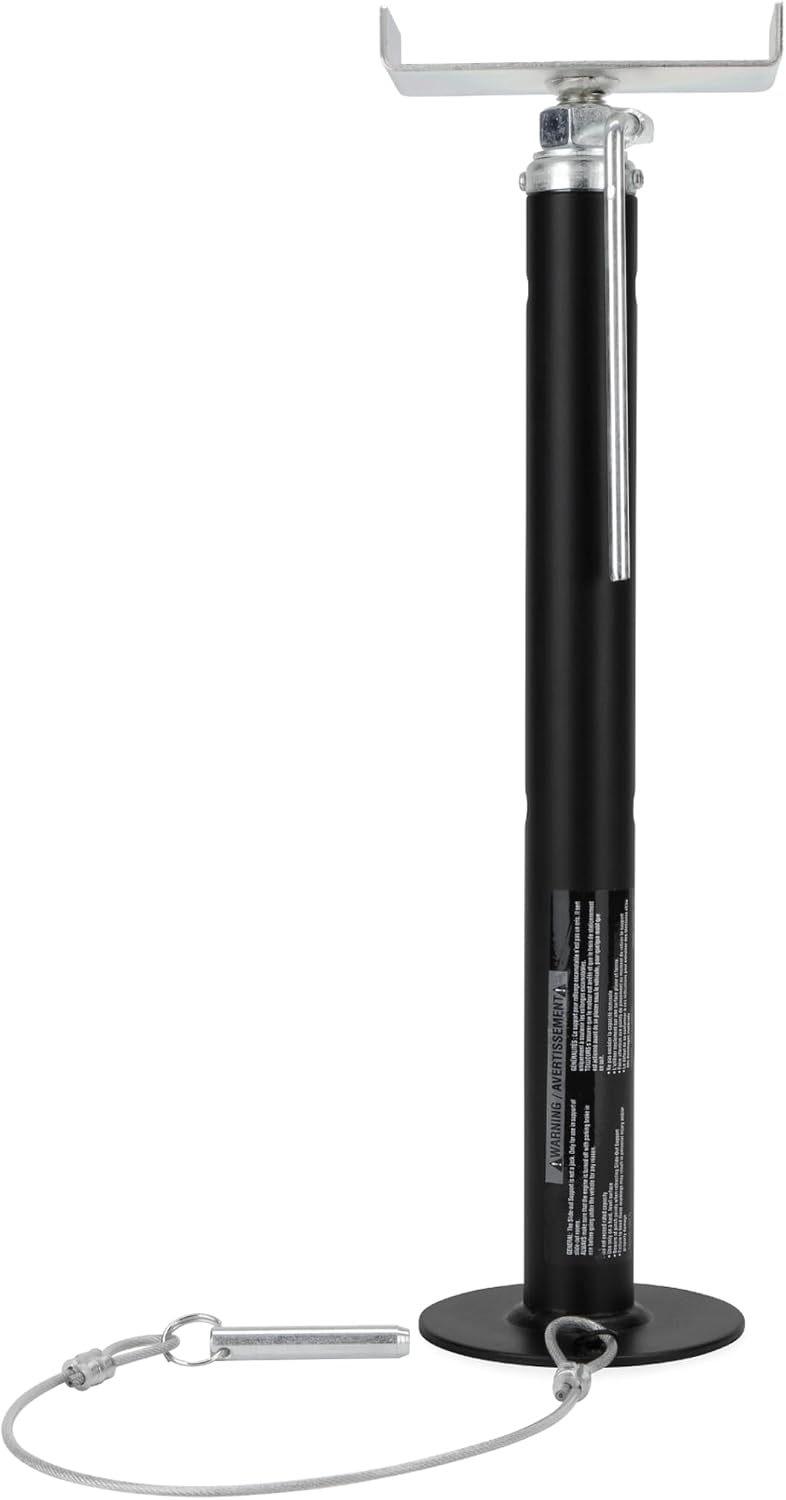 A black and silver telescopic pole stand with a circular base, a top mounting plate, and a coiled metal cable with a lock, shown on a plain white background.