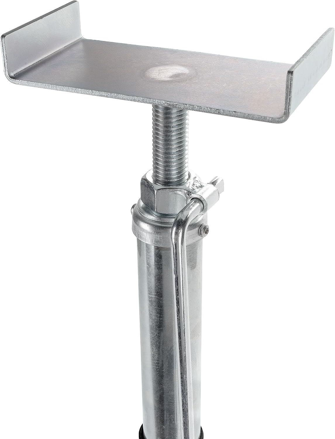 Galvanized steel T-base leveling jack with threaded stem, clamped nut, and vertical support tube on a white background.