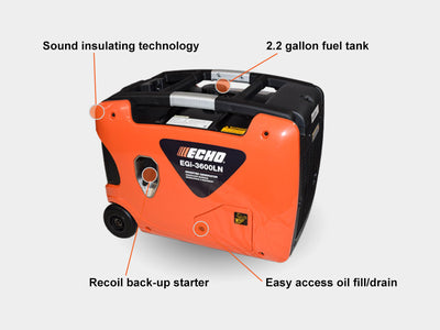 Echo power tool with labeled features on a white background