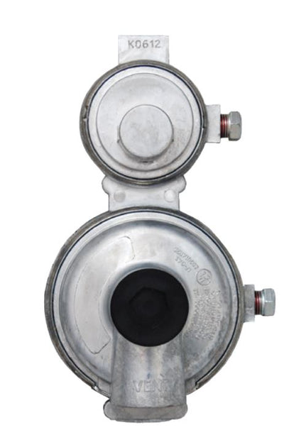 Close‑up of POL inlet and 3/8 inch FNPT outlet on propane regulator

