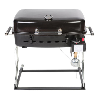 A compact Faulkner Portable BBQ Grill with a black lid, stainless steel grill grate, and a propane tank regulator, displayed on a portable stand.