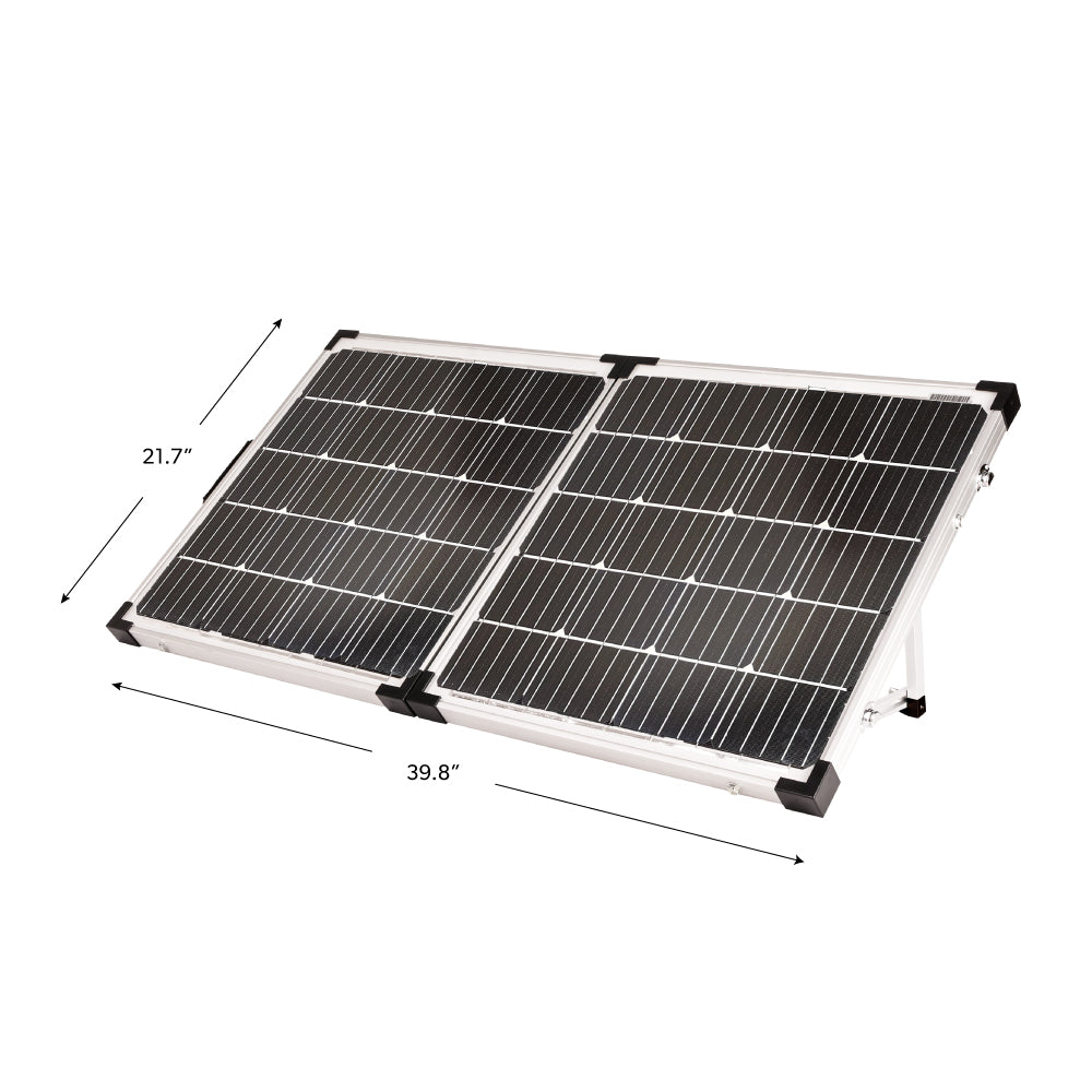 Foldable solar panel with dimensions on a white background