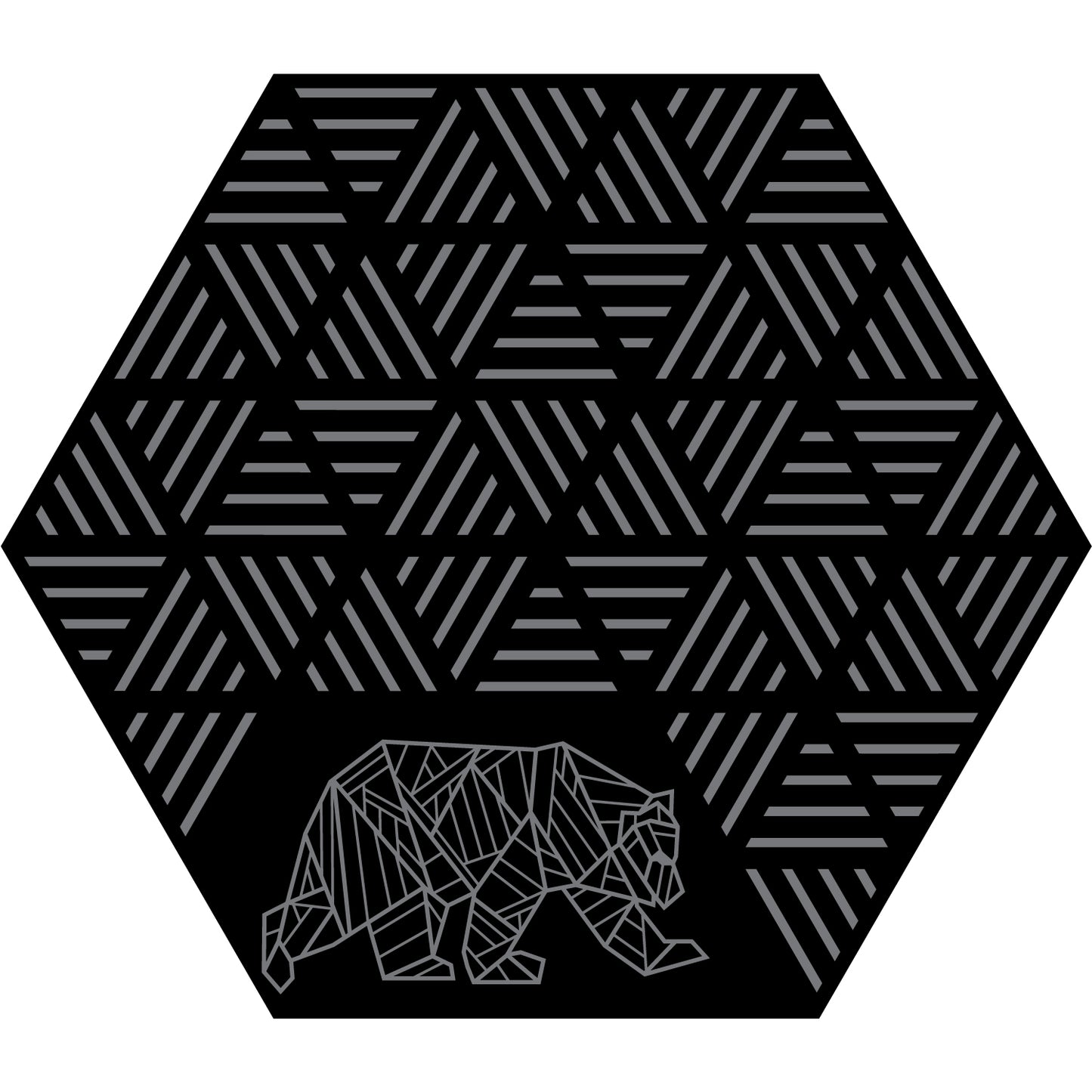 Hexagonal tile with geometric pattern and bear illustration on a white background