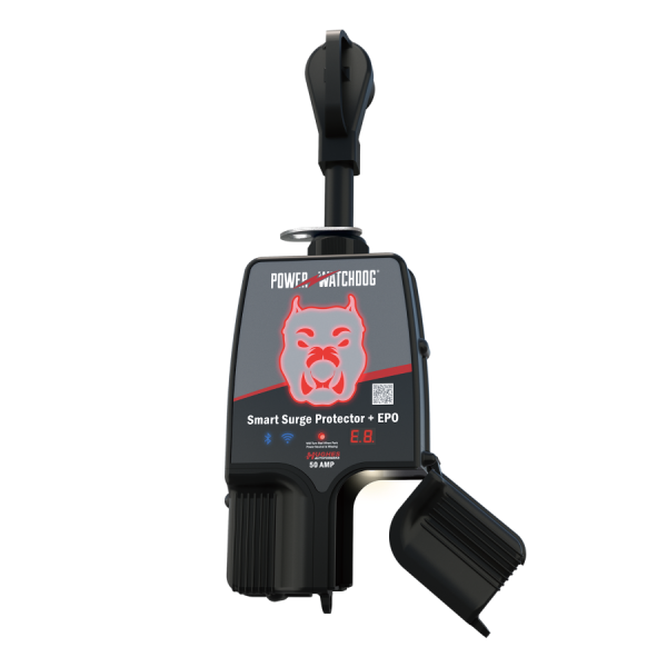 Hughes Power Watchdog Gen II 50A surge protector connected to RV pedestal at campsite
