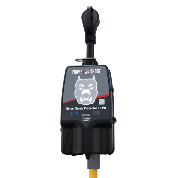 Close‑up of Hughes Power Watchdog Gen II 50A portable RV surge protector
