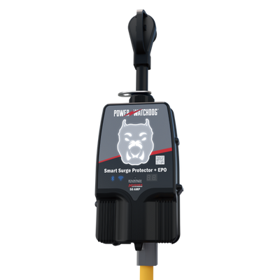 Close‑up of Hughes Power Watchdog Gen II 50A portable RV surge protector
