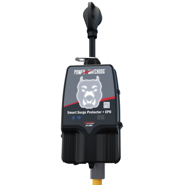Hughes Power Watchdog Gen II 30A surge protector connected to RV campground power pedestal
