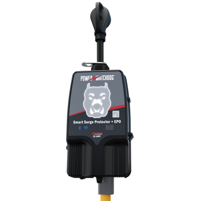 Hughes Power Watchdog Gen II 30A surge protector connected to RV campground power pedestal
