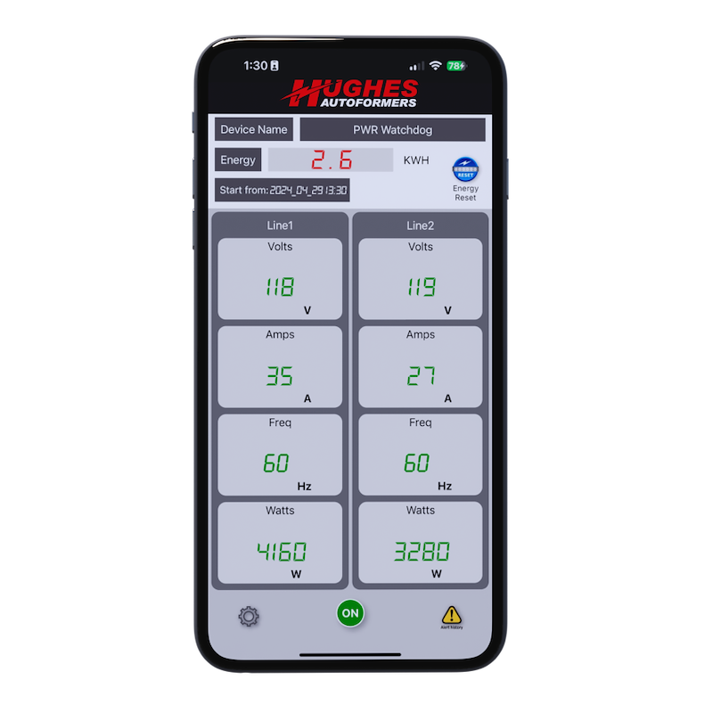 Hughes Power Watchdog mobile app displaying RV voltage and power usage
