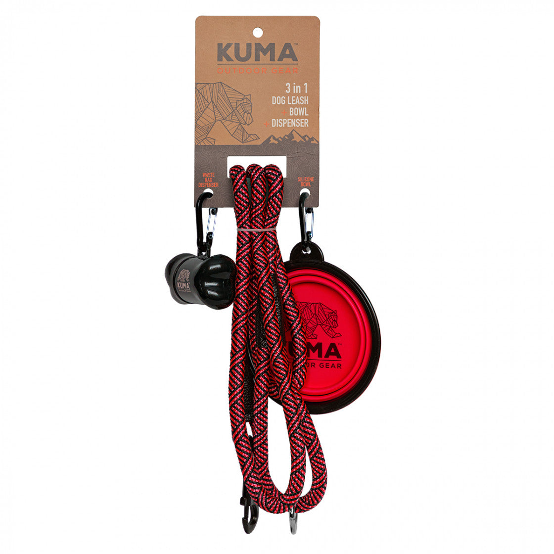 Kuma 3-in-1 Dog Leash with Waste Bag Dispenser & Collapsible Bowl – Durable 5 ft leash with accessories.