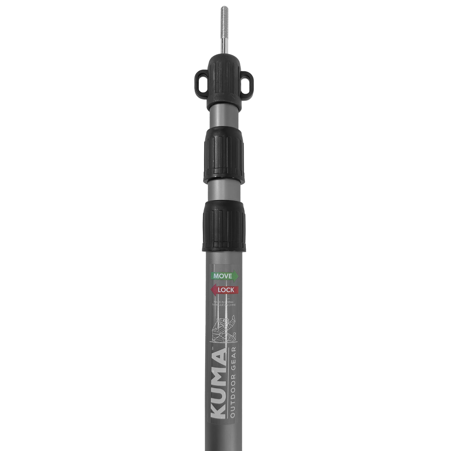 An adjustable telescopic awning pole with a black and silver finish, featuring a rubber base and twist lock sections.